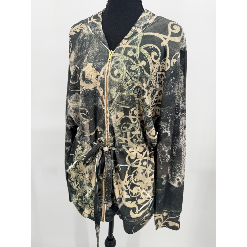 Christopher & Banks Zip Jacket Womens XL Black Scroll Rhinestone Good Drawstring